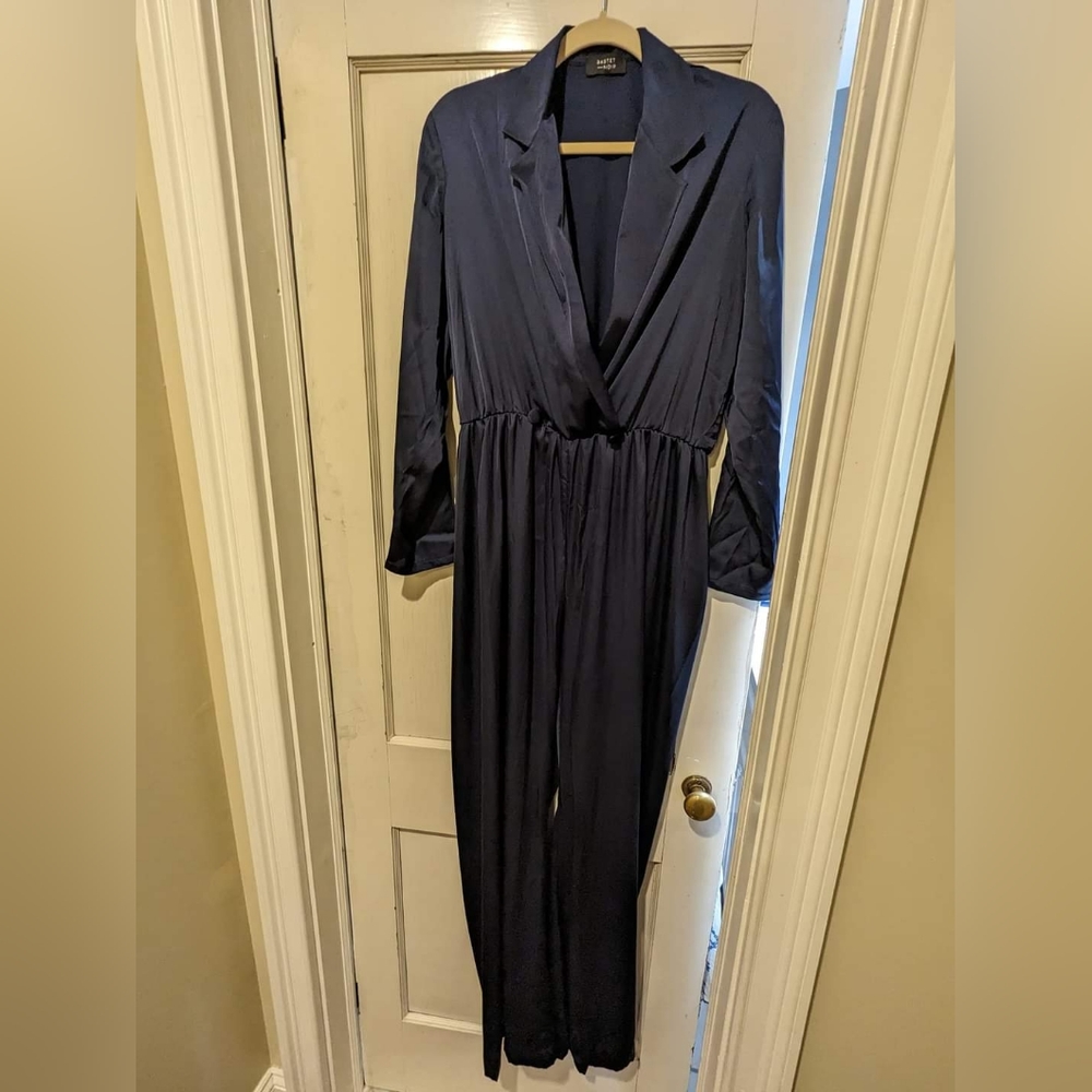 Jewel blue silk satin tuxedo jumpsuit